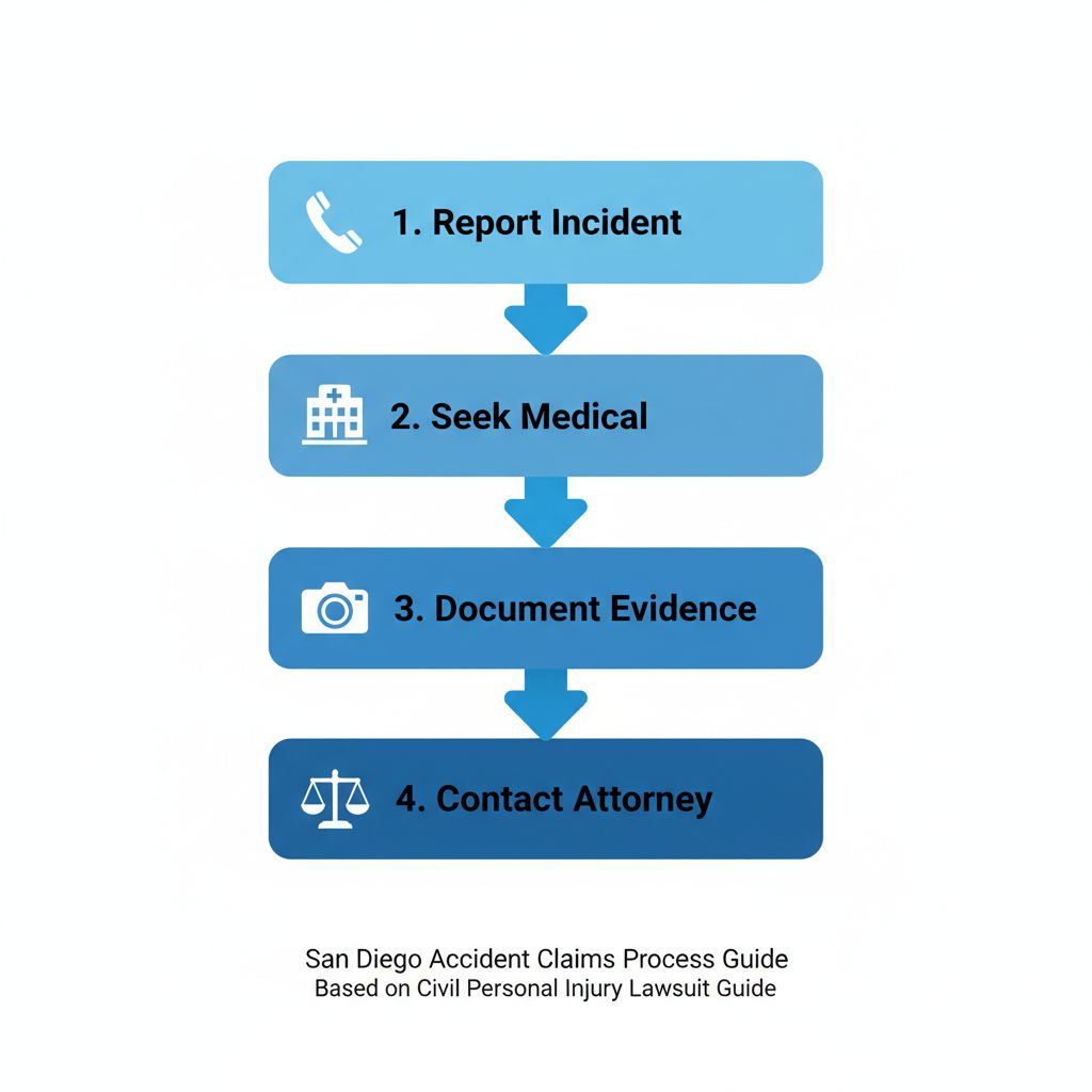 Diagrama de flujo vertical de cuatro etapas para comenzar reclamos de accidentes en San Diego, con íconos y etiquetas breves