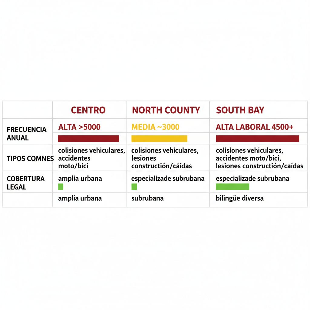 Infografía de tabla comparativa horizontal mostrando riesgos de accidentes por áreas en San Diego, con frecuencias, tipos comunes y coberturas legales en español.