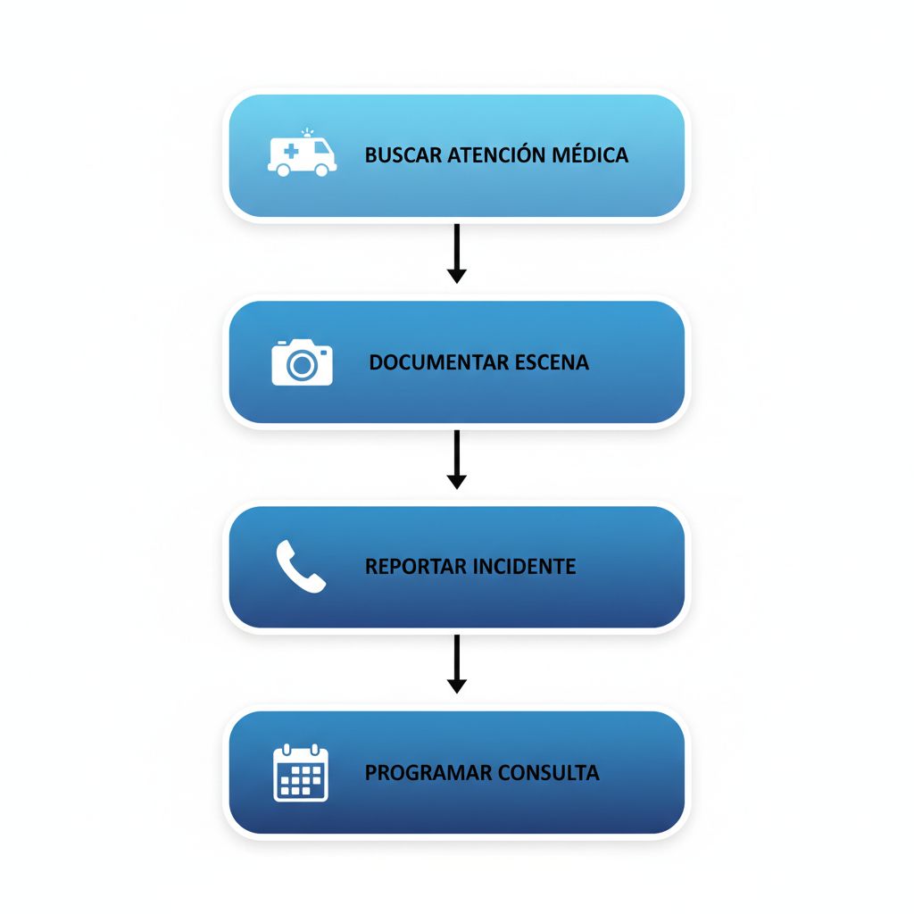 Diagrama de flujo vertical con cinco etapas ilustradas para comenzar un reclamo legal por accidente en San Diego, incluyendo íconos de atención médica, documentación y consulta.