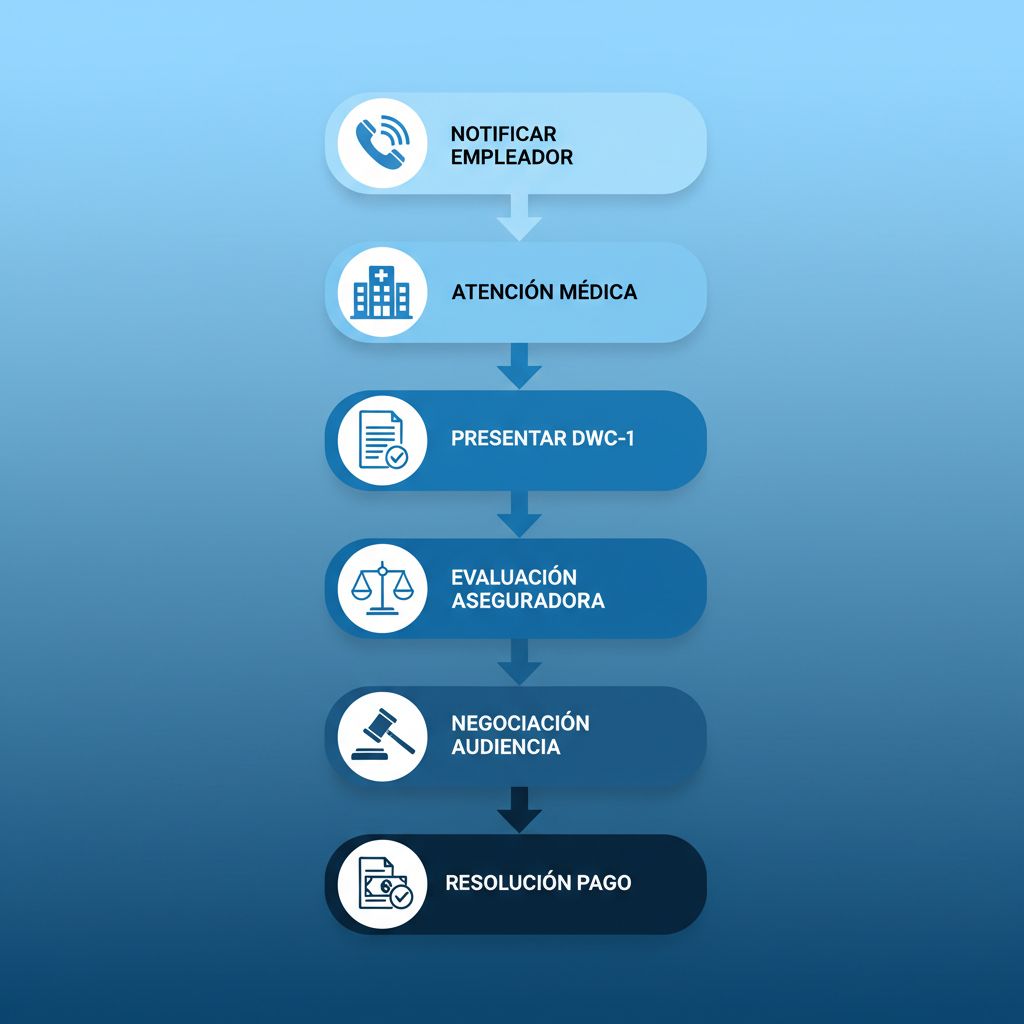 Diagrama de flujo vertical del proceso de reclamación laboral con seis etapas clave en San Diego.