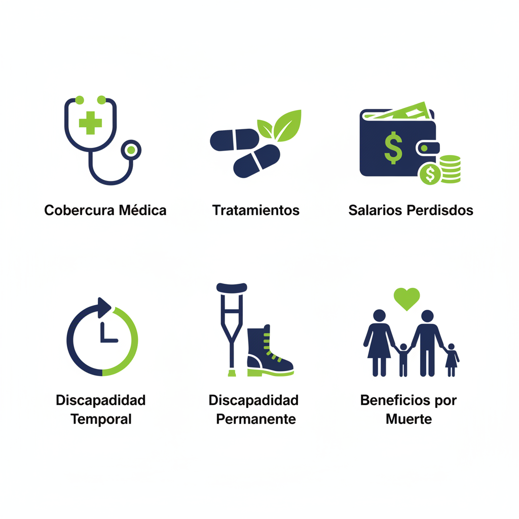 Conjunto de íconos ilustrando los beneficios clave de la compensación laboral en San Diego, incluyendo cobertura médica y pagos por discapacidad.